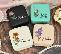 Custom Name Jewelry Box with Birth Flower Design - Bridesmaid Gift, Birthday Gift