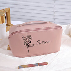 Personalized Makeup Bag with Custom Birthday Flower - Elegant Floral Cosmetic Organizer, Spacious Interior for Women, Birthday/Anniversary Gift Idea