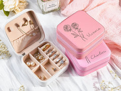 Customised Jewellery Box - Mini Travel Jewellery Box - Birthday Flower Print + Name (Random color)