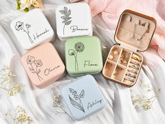Customised Jewellery Box - Mini Travel Jewellery Box - Birthday Flower Print + Name (Random color)