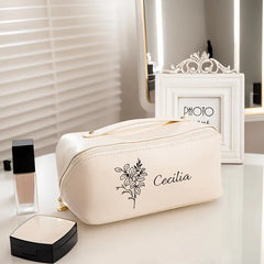 Personalized Makeup Bag with Custom Birthday Flower - Elegant Floral Cosmetic Organizer, Spacious Interior for Women, Birthday/Anniversary Gift Idea