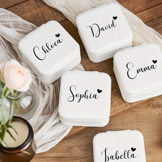Personalized Jewelry Box with Custom Name & Heart - Elegant White Bridesmaid Gift Box with Zipper Closure | Custom Name & Heart Design Jewelry Organizer, Jewelry Boxes