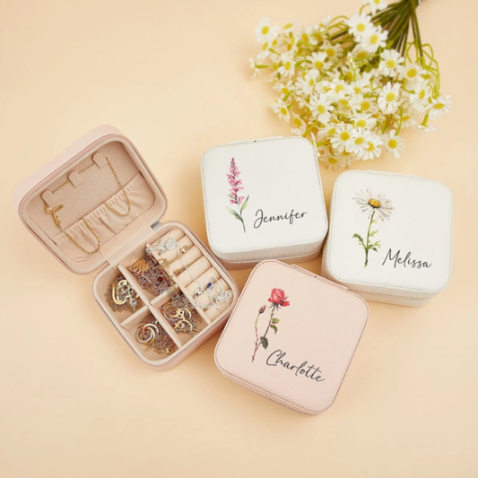 Custom Birth Flower Jewellery Box β Personalized Leather Travel Jewellery Organizer (Random Box)