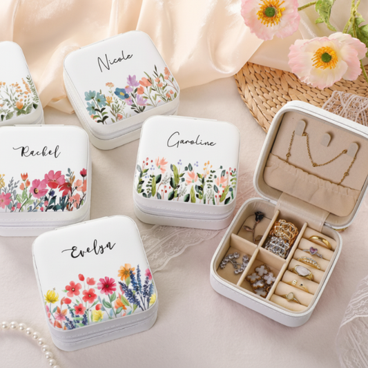 Customized Floral Leather Travel Jewelry Box β Custom Name Flower Jewelry Case for Women, Bridesmaid & Birthday Gift
