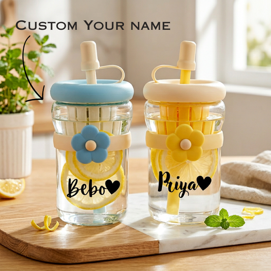 Customized Glass Sipper Bottle with Name & Heart Design – Personalized Transparent Water Bottle with Straw | Cute Gift for kids (Random Color)