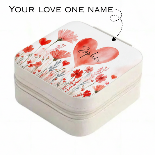 Customized Heart Flower Designed Your Name PU Leather Jewelry Box β Contemporary Rectangle Jewelry Organizer with Zip Closure