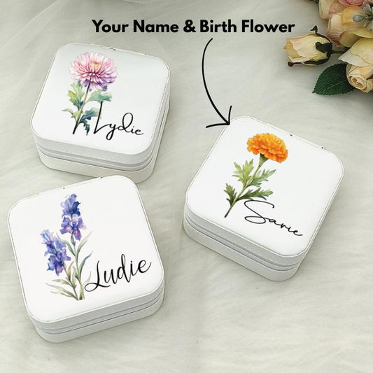 Customized Mini Jewelry Box with Your Name & Birth Month Flower Design β Personalized Travel Jewelry Organizer