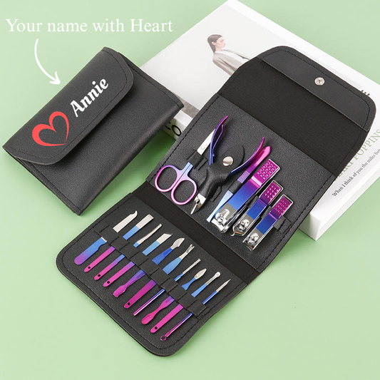 Customized Rainbow Manicure & Pedicure Set – 16-Pcs Stainless Steel Nail Care Kit with Your Name & Heart in case