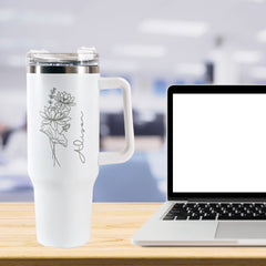 Customized 40oz Tumbler with Handle & Straw, Personalized with Name and Birth Flower