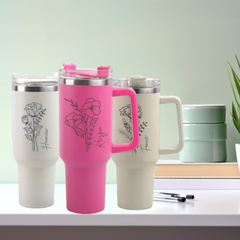 Customized 40oz Tumbler with Handle & Straw, Personalized with Name and Birth Flower
