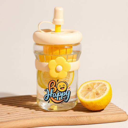 Customized “Be Happy” Glass Sipper Bottle – Personalized Text Water Bottle with Straw | Aesthetic Reusable Drink Bottle (Random Color)