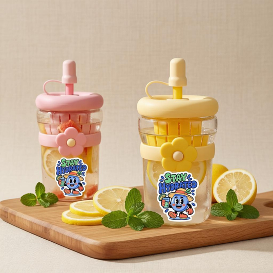 Customized “Stay Hydrated” Glass Sipper Bottle – Personalized Text Water Bottle with Straw | Aesthetic Reusable Drink Bottle (Random Color)