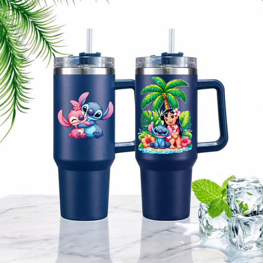 Personalized 1200ml Lilo & Stitch Tumbler illustration – Stainless Steel Travel Mug with Handle & Straw | Cute Cartoon Drinkware