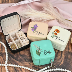 Custom Name Jewelry Box with Birth Flower Design - Bridesmaid Gift, Birthday Gift