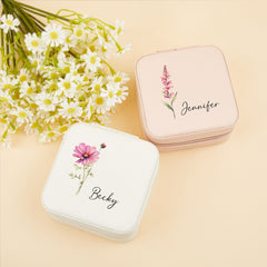 Custom Birth Flower Jewellery Box,Leather Jewellery Travel Box,Jewellery Organizer,Travel Jewellery Case,Birthday Gifts for Her,Mother's Day