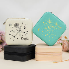 Customized Birth Zodiac Sign Flower Jewellery Box, Leather Jewelry Travel Box, Floral Zodiac Sign Jewellery Organizer ,Birthday Gift, Mom Jewellery Case