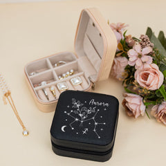 Customized Birth Zodiac Sign Flower Jewellery Box, Leather Jewelry Travel Box, Floral Zodiac Sign Jewellery Organizer ,Birthday Gift, Mom Jewellery Case