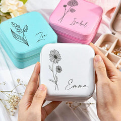Customised Jewellery Box - Mini Travel Jewellery Box - Birthday Flower Print + Name (Random color)