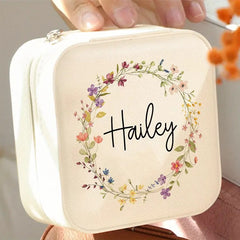 Customized Floral Wreath Jewelry Box – Custom Beige Travel Case with Zipper Closure & Fabric Lining, Perfect Bridesmaid Proposal Gift or Couple’s Keepsake, Elegant Design