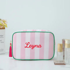 Custom Striped Tassel Makeup Bag - Personalized Name Zipper Closure, Lightweight Durable Polyester Travel Toiletry Organizer for Women, Multiple Colors Available - High-Quality Customized, Daily Style Cosmetic Pouch