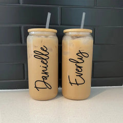 1pc Custom Engraved Glass Tumbler with Lid and Straw, Personalized Iced Coffee Cup, Ideal for Bridesmaid, Christmas, Mother'S Day, Birthday Gifts for Women, Canisters