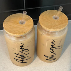 1pc Custom Engraved Glass Tumbler with Lid and Straw, Personalized Iced Coffee Cup, Ideal for Bridesmaid, Christmas, Mother'S Day, Birthday Gifts for Women, Canisters