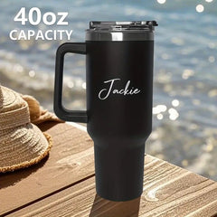 1Pc Personalized 40oz Stainless Steel Cup with Handle & Straw - Custom Name Engraved, Travel Coffee Mug, Ideal for Birthdays, Mother'S Day, Father'S Day, Graduation - Reusable, Hand Wash Only, Personalized Drinkware