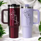 Personalized 40oz Tumbler with Handle and Straw, Custom Name Birth Flower Tumbler, Stainless Steel Tumbler, Birthday Gift, Mother's Day Gift
