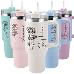 Personalized 40oz Tumbler with Handle and Straw, Custom Name Birth Flower Tumbler, Stainless Steel Tumbler, Birthday Gift, Mother's Day Gift