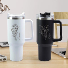 Customized 40oz Tumbler with Handle & Straw, Personalized with Name and Birth Flower