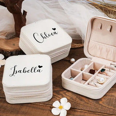 Personalized Jewelry Box with Custom Name & Heart - Elegant White Bridesmaid Gift Box with Zipper Closure | Custom Name & Heart Design Jewelry Organizer, Jewelry Boxes