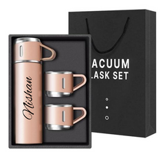 Personalized Double Wall Vacuum Insulated Flask Set – 500ml Stainless Steel Bottle with 2 Cups | Leak-Proof, Hot & Cold Thermos for Travel, Office & Gifting (Random Color)