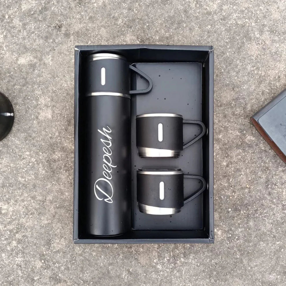 Customized Gift Set: Vacuum Insulated Flask & 2 Cups (Random Color)