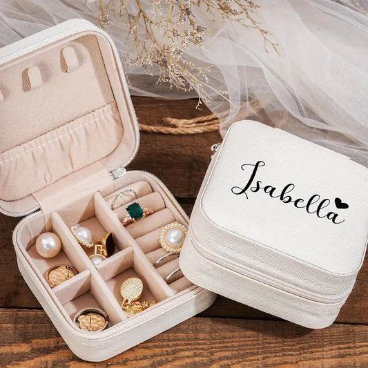 Personalized Jewelry Box with Custom Name & Heart - Elegant White Bridesmaid Gift Box with Zipper Closure | Custom Name & Heart Design Jewelry Organizer, Jewelry Boxes