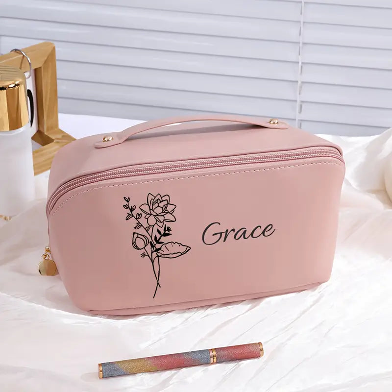Personalized Makeup Bag with Custom Birthday Flower - Elegant Floral Cosmetic Organizer, Spacious Interior for Women, Birthday/Anniversary Gift Idea