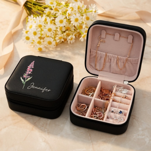Custom Birth Flower Jewellery Box – Personalized Leather Travel Jewellery Organizer (Random Box)