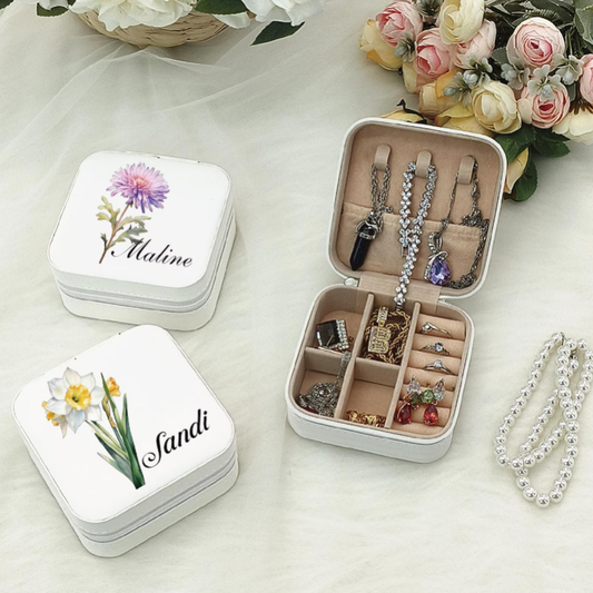 Customized Mini Jewelry Box with Your Name & Birth Month Flower Design – Personalized Travel Jewelry Organizer