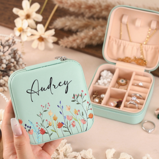 Customized Name & Flower Design Jewelry Box – Travel Jewelry Organizer for Bridesmaids & Gifts for Her(Random Box)
