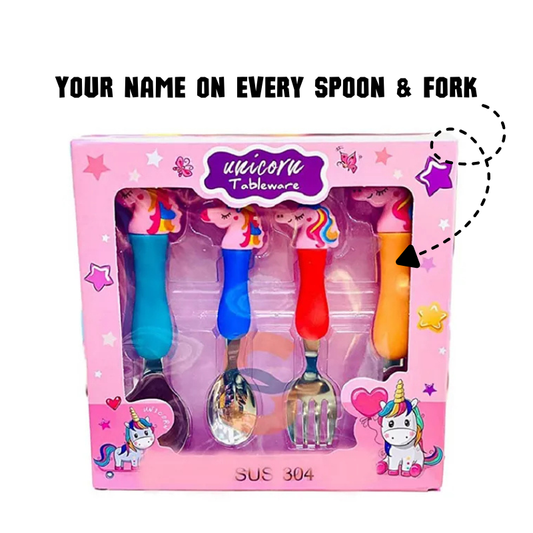 Customized Unicorn Stainless Steel Spoon & Fork Set for Kids – Custom Name Cutlery Set