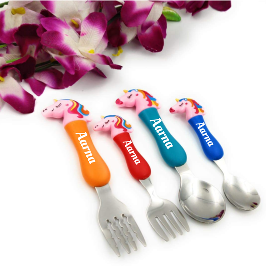 Customized Unicorn Stainless Steel Spoon & Fork Set for Kids – Custom Name Cutlery Set