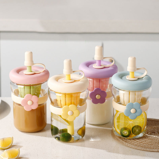 Customized “Be Happy” Glass Sipper Bottle – Personalized Text Water Bottle with Straw | Aesthetic Reusable Drink Bottle (Random Color)