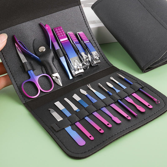 Customized Rainbow Manicure & Pedicure Set – 16-Pcs Stainless Steel Nail Care Kit with Your Name & Heart in case