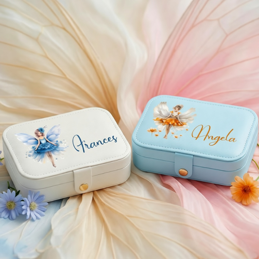 Personalised Leather Jewellery Organiser with Birth Flower Fairies – Custom Name Travel Jewelry Case | Cute Floral Gift for Women (Random Box)