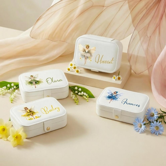 Personalised Leather Jewellery Organiser with Birth Flower Fairies – Custom Name Travel Jewelry Case | Cute Floral Gift for Women (Random Box)