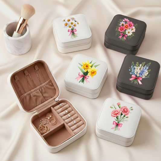 Personalized Birth Flower Jewelry Organizer – Custom Vegan Leather Travel Jewelry Box | Bridesmaid & Bridal Shower Gift
