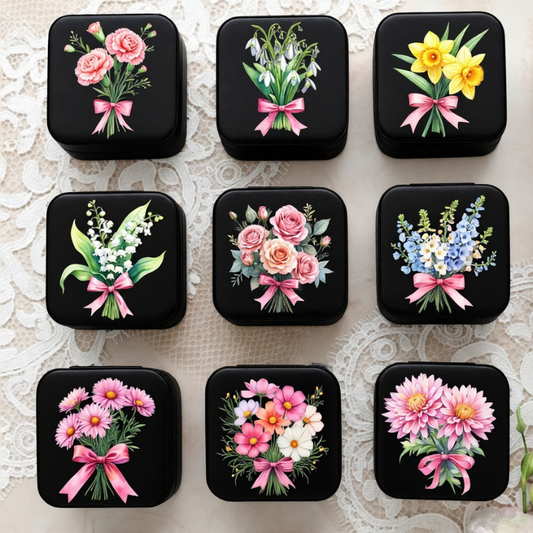 Personalized Birth Flower Jewelry Organizer – Custom Vegan Leather Travel Jewelry Box | Bridesmaid & Bridal Shower Gift