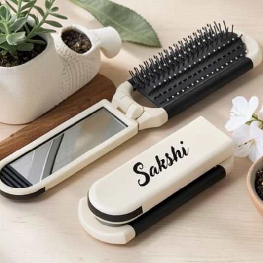Personalized Folding Travel Hair Brush with Mirror – Custom Name 2-in-1 Compact Hairbrush Comb with Scalp Massage | Portable Mini Brush for Women & Men