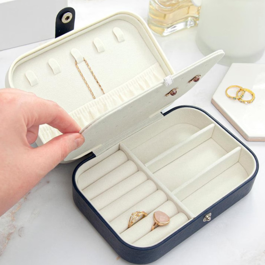 Personalized Midnight Blue Large Jewellery Case with Name – Luxury Travel Jewelry Organizer Box | Custom Storage for Rings, Earrings & Accessories