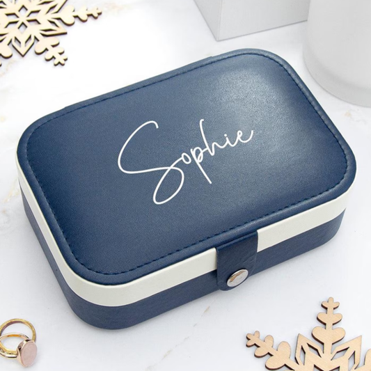 Personalized Midnight Blue Large Jewellery Case with Name – Luxury Travel Jewelry Organizer Box | Custom Storage for Rings, Earrings & Accessories