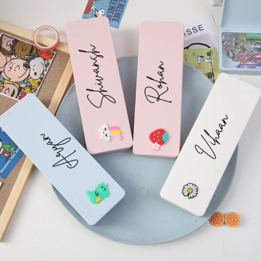 Personalized Cartoon Pencil Case with Name – Candy Color Custom Pencil Box for Kids | Cute School Stationery Organizer (Random color-1 Pc)
